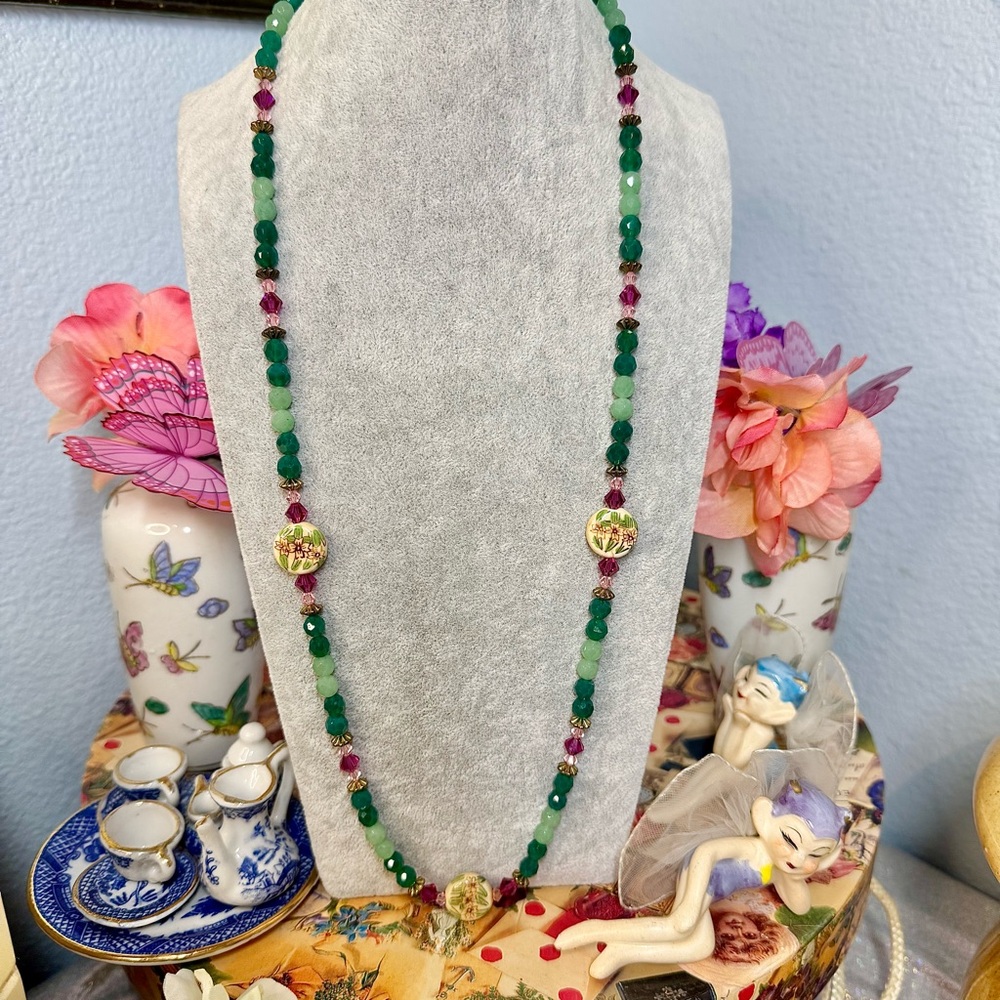 Crystal & Ceramic Vintage Asian beaded necklace 26”